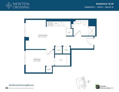 Floor plan for 1 bed, 1 bath, 584 sqft